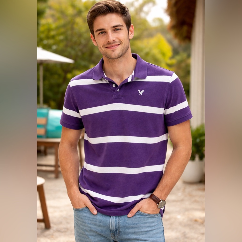 American Eagle Outfitters Purple Striped Polo Shirt Men’s Medium Athletic Fit